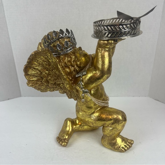 Shabby Chic Vignette decor-golden Cherub Angel w/ silver tray & vintage pearls. - Picture 6 of 16